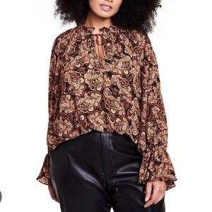 Nili Lotan Relaxed Fit Paisley Print Long Sleeve Tie-Front Blouse  size Small